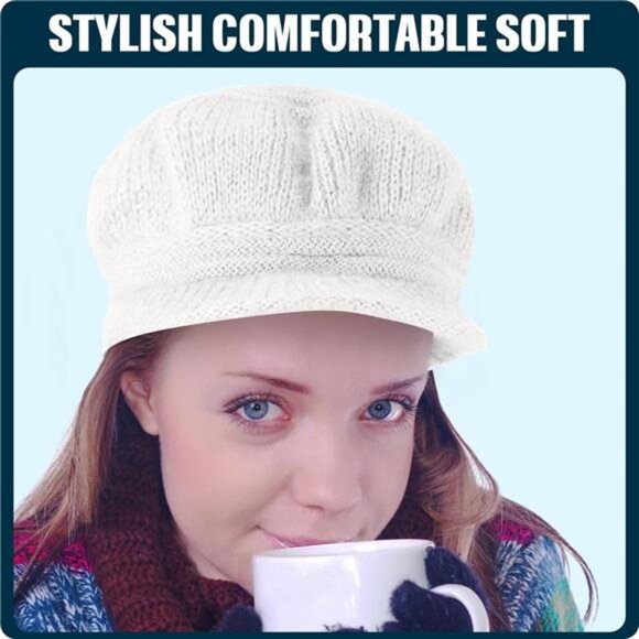 3 Pieces Women Winter Slouchy Beanie Cap with Visor Knitted Newsboy Hats main image 5